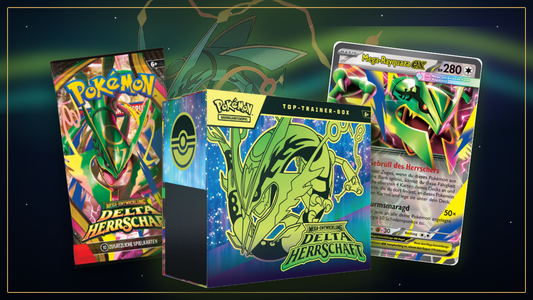 Delta-Herrschaft Top-Trainer-Box, Booster und Mega-Rayquaza-ex vor Nachthimmel mit grünem Polarlicht