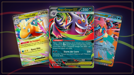Mega-Gengar-ex, Mega-Dragoran-ex und Mega-Impergator-ex vor violettem Hintergrund