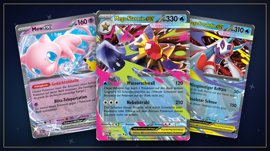 Mew-ex, Mega-Starmie-ex und Mega-Frosdedje-ex, die drei Angreifer des Decks