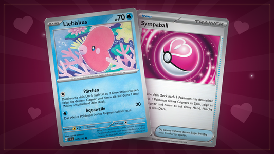 Pokémon TCG Valentine's Day Box: Liebiskus und Sympaball auf pinkem Herz-Hintergrund